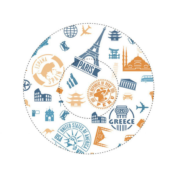 圆形图标与邮票和埃菲尔铁塔图案图片下载
