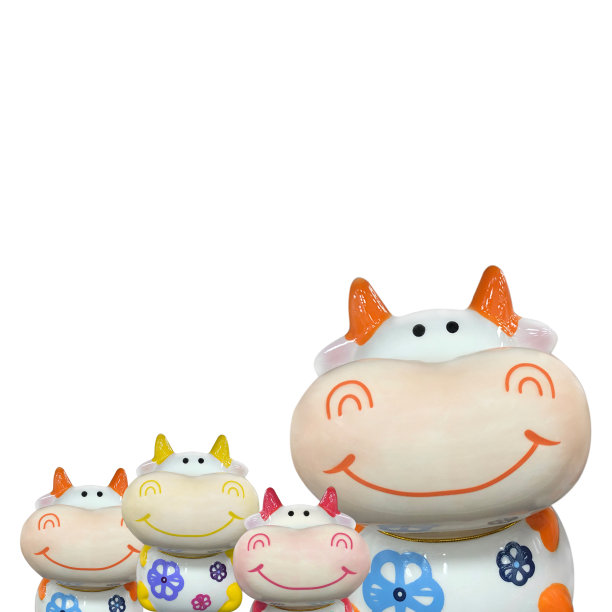 有趣的奶牛家庭陶瓷玩具在白色的背景图片下载