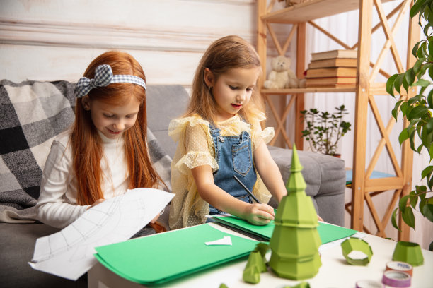 两个小孩，女孩一起在创造力的房子。快乐的孩子们为游戏或庆祝新年自制玩具图片下载