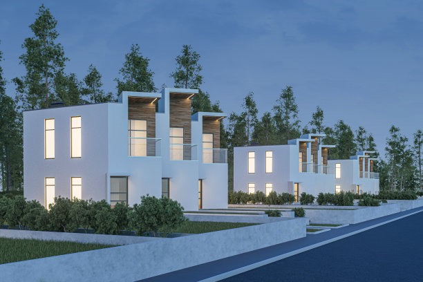 3d渲染的现代光联排舒适的小房子出售或出租与草坪上的许多草。晚上，天空是深蓝色的。角度看街景图片下载