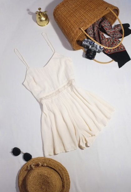 时尚女人的衣服和配件在白色的背景。连衣裤，太阳镜，草帽和包。现代和休闲的服装。时尚和购物的概念。平躺，俯视图。图片下载