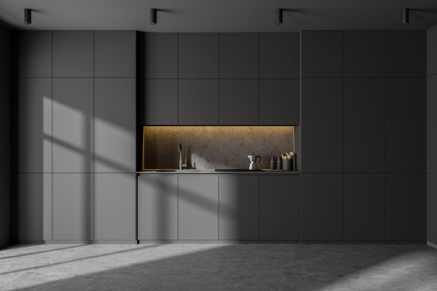 简约的灰色厨房内部配备橱柜图片下载