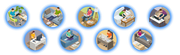 等距商务男人和女人在家里工作的笔记本电脑和桌上的文件。自由职业者或学习概念。在线会议工作在家。家庭办公室。图片下载