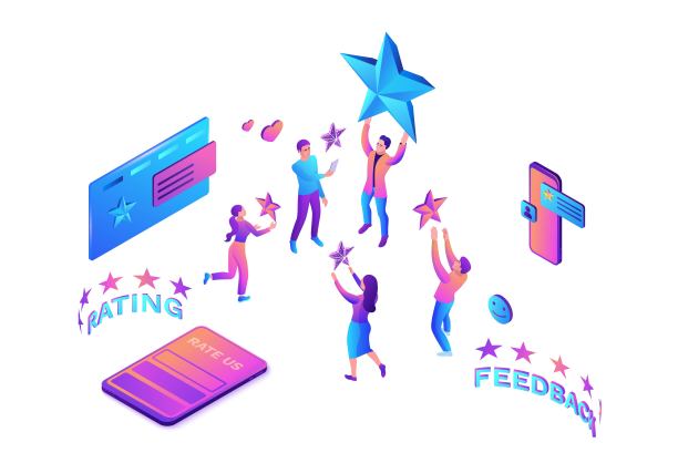 反馈概念与三维等距星形图标，客户率产品，客户满意度调查，人审查服务质量，矢量插图图片下载