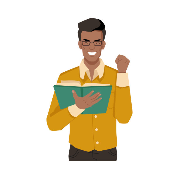 人喜欢读书孤立的美国黑人平淡的卡通人物与小说或诗歌的感觉。受过欧洲或美国文学教育的人，正在学习或学习的大学生素材图片