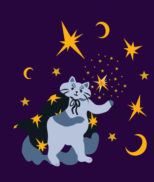 万圣节可爱巫师猫与魔法棒矢量图图片下载