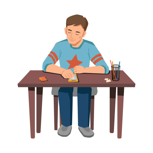 男学生坐在桌子旁浏览智能手机孤立的小男孩与现代小工具。矢量学童用手机发短信或聊天，远程学习隔离，在线教育图片下载