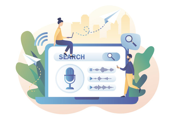 语音助理的概念。微型人在笔记本电脑上使用语音控制、搜索、激活数字助手和语音识别。现代平面卡通风格。矢量插图上的白色背景图片下载