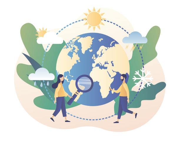 世界气象日。气象科学。微型气象学家研究和研究天气和气候条件。现代平面卡通风格。矢量插图上的白色背景图片下载