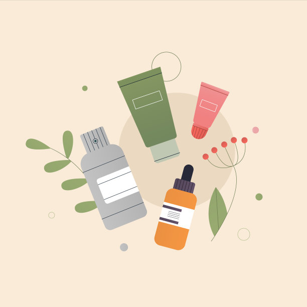 有机天然化妆品成分的概念。装在玻璃里的乳液，油，霜，磨砂膏，血清。背景上是绿叶、植物、热带树叶。平面风格矢量插图。图片下载