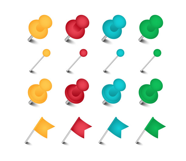 一套彩色标记，大头针，旗帜钉板图钉。矢量图图片下载