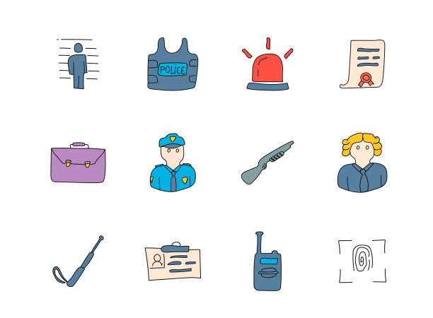 警务手绘线性矢量图标，适用于网页、UI设计、移动应用和印刷品图片下载