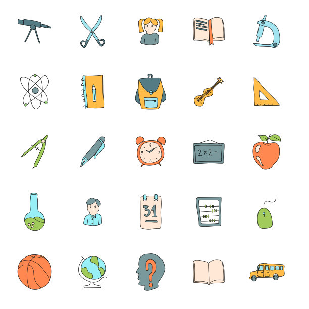 学校手绘线性矢量图标孤立的白色背景。学校涂鸦图标设置为web和UI设计，移动应用程序和打印产品图片下载