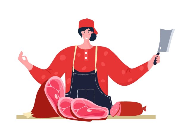 屠夫的女人。女性的职业。女权主义。鲜肉和肉制品肉类市场工作人员。孤立的矢量图图片下载