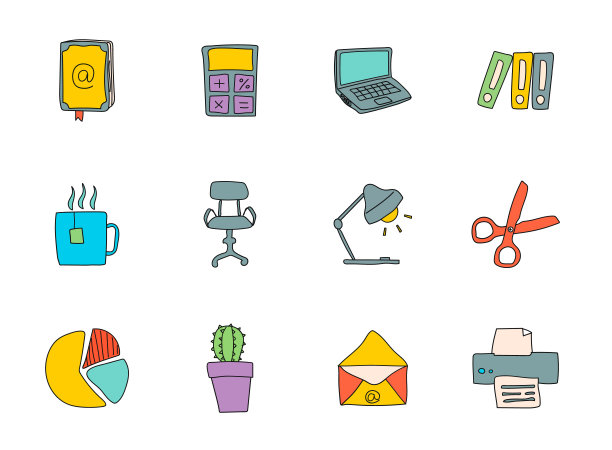 办公室手绘线性矢量图标孤立在白色背景上。办公室涂鸦图标集网页和UI设计，移动应用程序和印刷产品图片下载