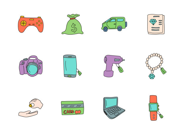 白色上孤立的当铺涂鸦。当铺图标设置为网页设计，用户界面，移动应用程序和打印图片下载