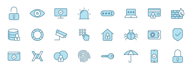 安全线性矢量图标在两种颜色孤立的白色背景。安全蓝色图标设置为网页设计，用户界面，移动应用程序和打印图片下载