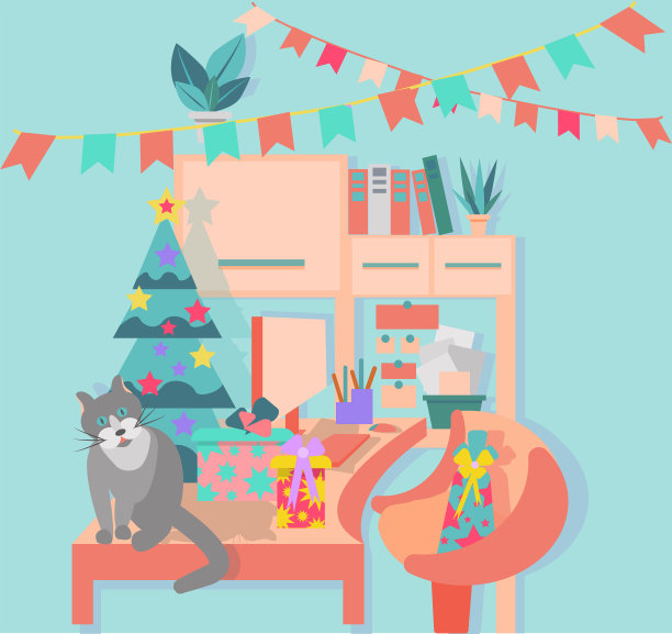 可爱的小猫坐在桌面上，装饰着圣诞树、花环和礼物。自由职业者。舒适的家庭办公室。矢量插图的工作场所装饰圣诞节。卡通风格。图片下载