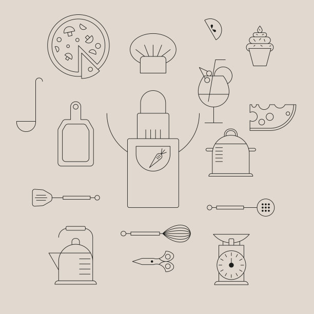 烹饪产品和厨房轮廓图标设置在米色背景。图片下载