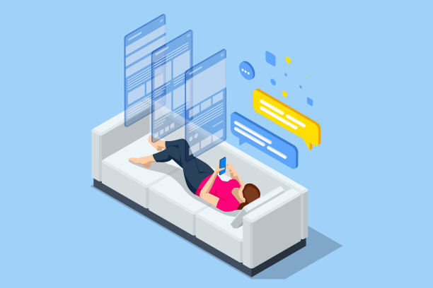 女性等距放松地坐在家里的沙发上，她正在用智能手机和短信。社交网络中的交流，聊天和发短信图片下载