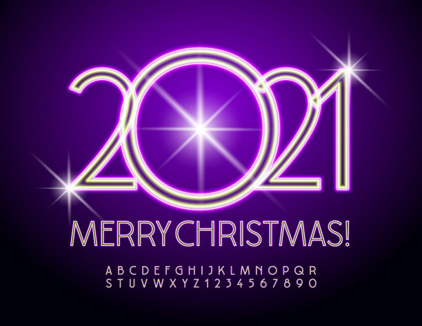 矢量霓虹贺卡圣诞快乐2021!发光的字母和数字图片下载
