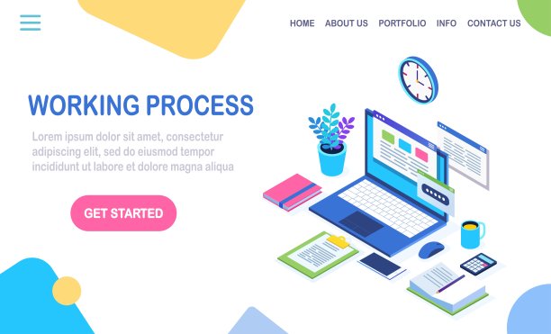 工作过程。时间管理。三维等距办公场所的电脑，笔记本电脑，电脑，手机，咖啡，时钟，日历，文件图片下载