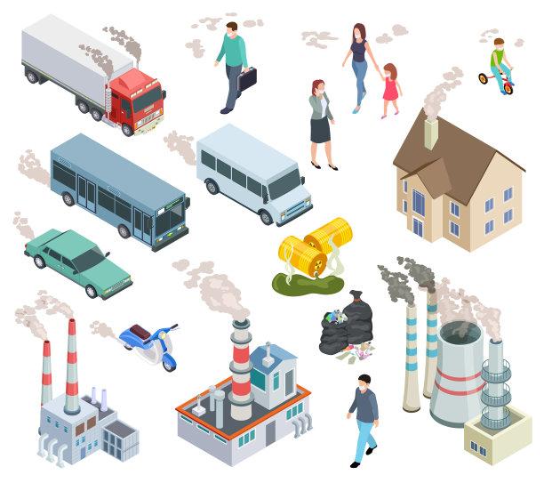 空气污染。化学污染物、汽车污染、空气污染、人酸、放射性、油、雨、植物污染等三维矢量集图片下载
