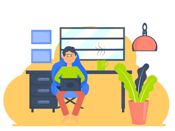 远程自由职业的概念。自由职业者专注于在一台笔记本电脑前工作，在一张放着花的桌子前工作。旁边的咖啡在窗户的背景上。矢量图. .图片下载