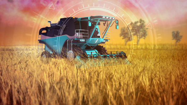 工业3D插图与数字叠加的自动驾驶联合收割机在农业领域的工作图片下载