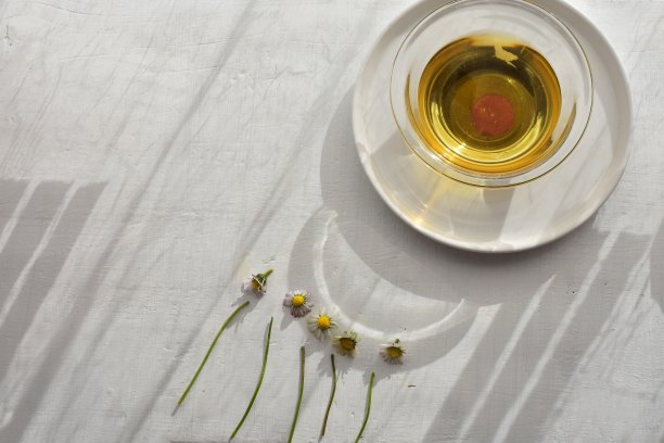 一杯甘菊茶与甘菊花在白色木质表面/图片下载