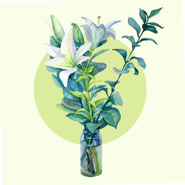 水彩花束白色花百合，花瓣，芽，叶和枝孤立在绿色背景。艺术创作手绘对象图片下载