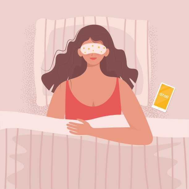 戴着面具睡在床上的女人。可爱的矢量插图在卡通平面风格图片下载
