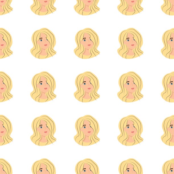 无缝模式与化身的时尚女孩在一个白色的背景。一个年轻女人的侧面在前面，一个扁平的风格。卡通快乐的人们在放松中面对。
股票矢量图图片下载