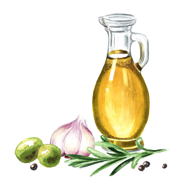 一瓶新鲜的初榨橄榄油，配上绿橄榄、黑胡椒、大蒜和迷迭香。手绘水彩插图孤立的白色背景图片下载