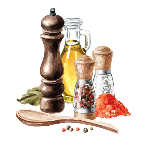 厨房香料。橄榄油，香料罐，月桂叶，胡椒磨。手绘水彩插图孤立的白色背景图片下载
