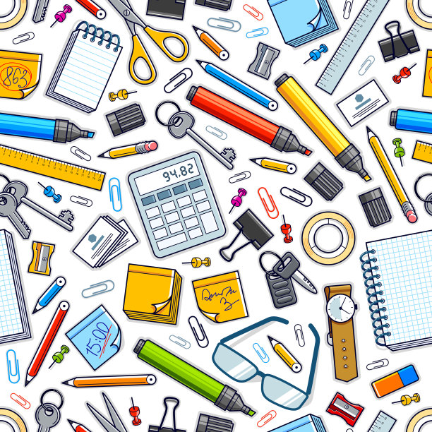 办公桌面顶视图用很多不同的文具元素无缝矢量壁纸，商务工作主题图像用多样的对象插图图片。图片下载