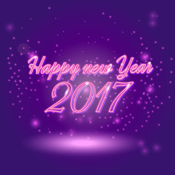 新年快乐!矢量假日插图的发光霓虹灯2017标志与闪亮的抽象能量闪耀光效果。新年的霓虹字贺卡图片下载