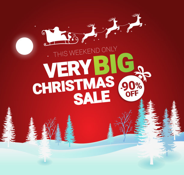 大圣诞销售。矢量旗帜与圣诞老人和鹿飞上森林的红色背景。圣诞装饰物圣诞袜元素。电子商务、网上商店的网络横幅或海报图片下载