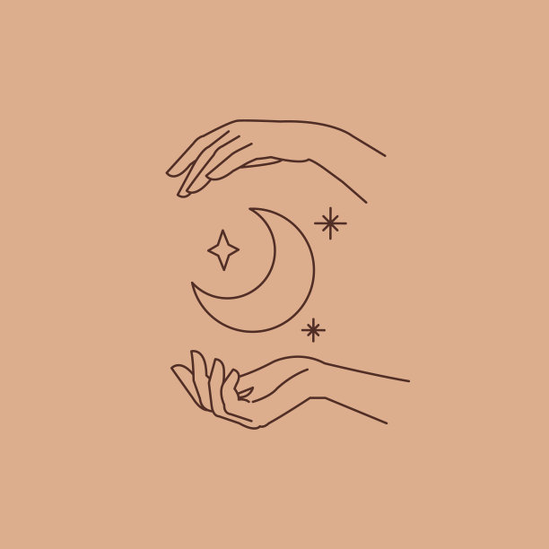 女人的手牵着月亮和星星，神奇神秘的象征。抽象标志模板为您设计，线条艺术风格。图片下载