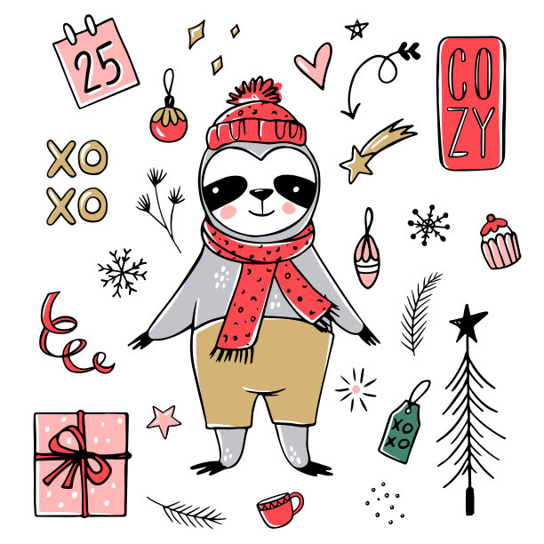 可爱的树懒，圣诞快乐。矢量搞笑插图冬季假期。懒树懒熊带着围巾，礼盒，帽子。祝动物们新年和圣诞快乐图片下载