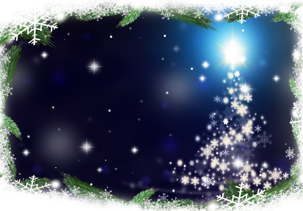 圣诞树上的彩灯由星星背景的雪花组成图片下载