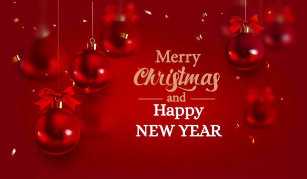 圣诞快乐，新年快乐，贺卡，相框，横幅。新年。诺埃尔。圣诞红球饰品上的红色背景俯视图。寒假圣诞主题向量图片下载