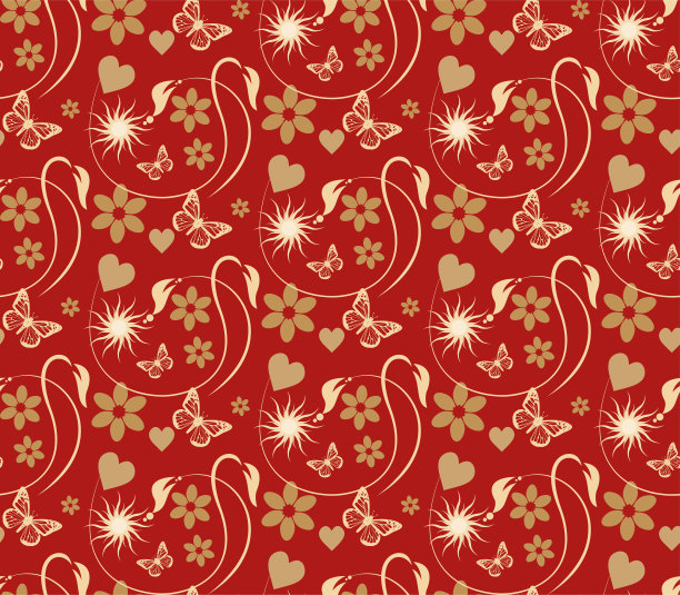 装饰夏季背景在复古风格与太阳，花，蝴蝶，树叶，心。无缝壁纸材质。矢量图图片下载