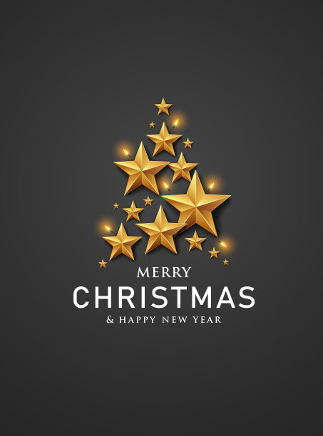 圣诞快乐，新年快乐，金色的星星，霓虹灯，海报设计，黑色的背景图片下载