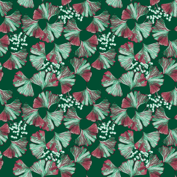 银杏叶有果实的无缝图案。图片下载