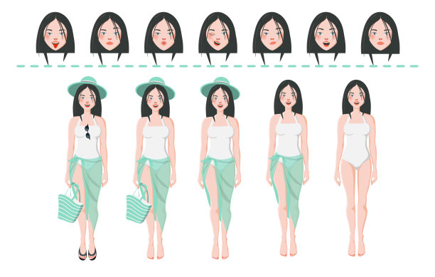 海滩女孩人物创作集。穿泳装的女人。海滩上的配件;采购产品帽子，包，透明Pareoe，拖鞋，太阳镜。不同的情绪，手势。卡通风格。图片下载