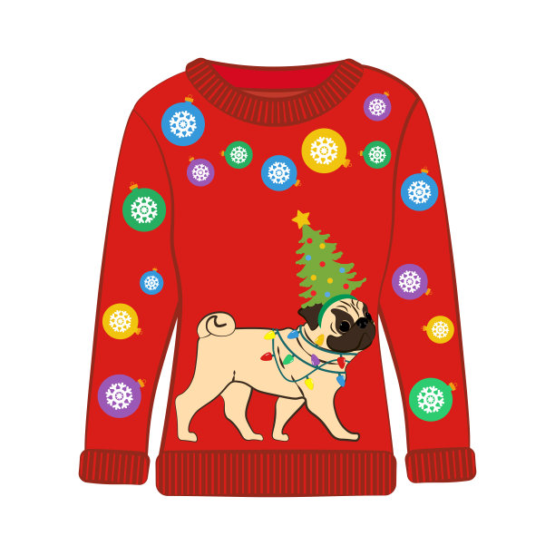 圣诞丑毛衣与哈巴狗在圣诞服装矢量插图图片下载