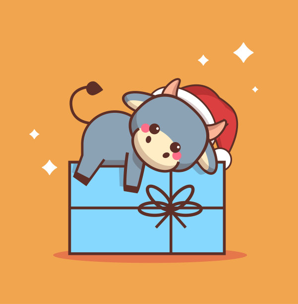 小牛躺在礼盒上2021年春节快乐贺卡可爱的牛吉祥物卡通人物图片下载
