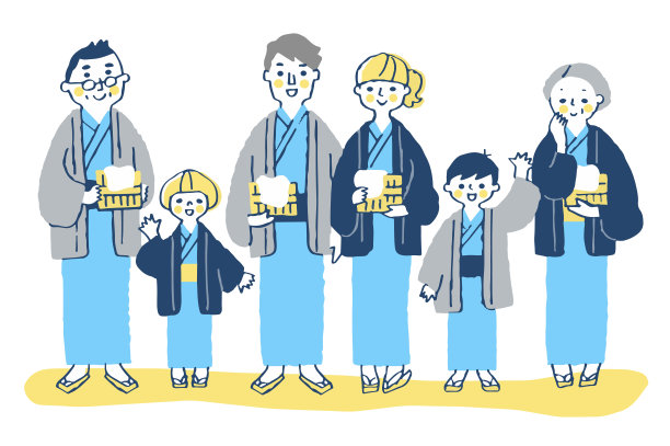 一家三代穿着浴衣去泡温泉图片下载