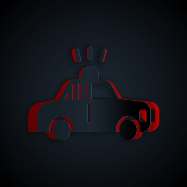 剪纸警车和警察闪光图标孤立在黑色背景。紧急闪光警报。纸艺术风格。向量图片下载